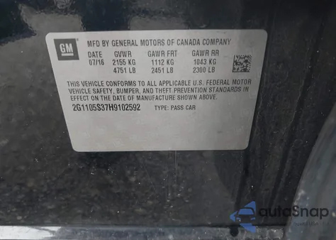 2017 Chevrolet Impala 1Lt from USA, damaged, VIN 2G1105S37H9102592